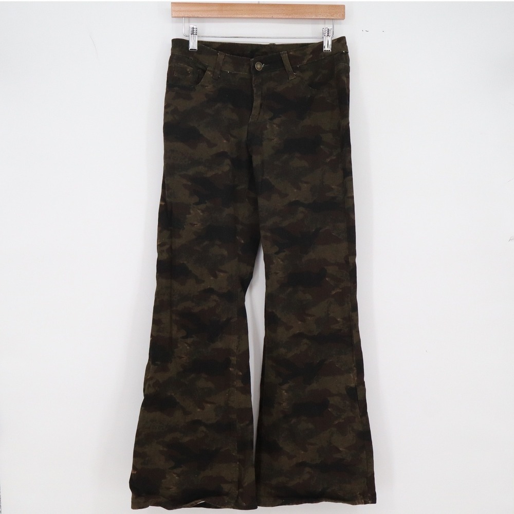 Unbranded Flare Pants Womens L 8993# Camo Wide Leg Green Brown Stretch Excellent